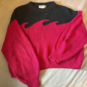 Back Beat Co. Hot Pink and Grey Wave-Detail Crewneck Sweater